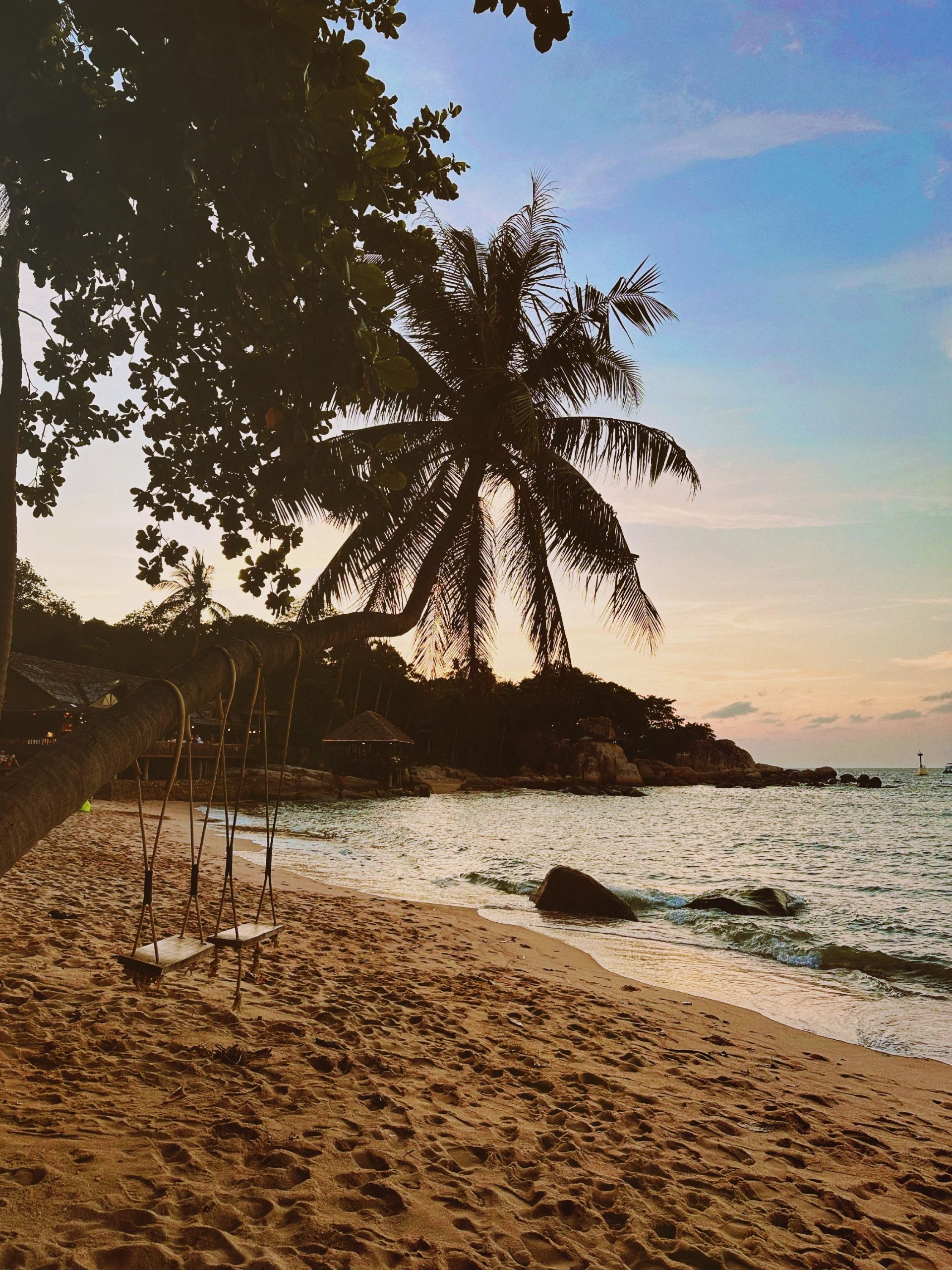 Beach swing under a palm at sunset by Carabao Diving Resort, Chalok Bay